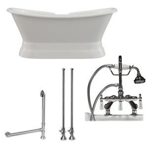 Cambridge Plumbing Double Slipper Cast Iron Pedestal Soaking Tub (Porcelain interior and white paint exterior) and Deck Mount Plumbing Package (Polished chrome) DES-PED-684D-PKG-7DH - Vital Hydrotherapy