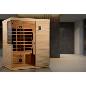 Dynamic Bilbao 3-person Ultra Low EMF (Under 3MG) FAR Infrared Sauna (Canadian Hemlock) DYN-5830-01 - Vital Hydrotherapy - PureTech™ Near Zero EMF - FAR IR Carbon Panels - Natural Reforested Canadian Hemlock wood construction - Clear Tempered glass door and with side Windows - Interior Chromotherapy Color Lighting System - Interior LED control panels - Bluetooth and MP3 auxiliary connection with built in speakers - Lifestyle - Vital Hydrotherapy