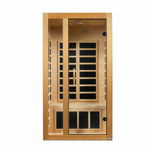 Dynamic Gracia Low EMF FAR Infrared Sauna - 1-2 Person Natural hemlock wood construction Roof vent with Tempered glass door front view in white background
