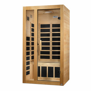 Dynamic Gracia Low EMF FAR Infrared Sauna - 1-2 Person Natural hemlock wood construction Roof vent with Tempered glass door front view in white background