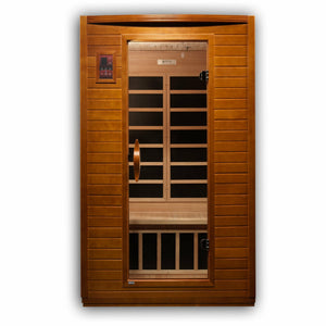 Dynamic Versailles Edition Low EMF Far Infrared Sauna Natural hemlock wood construction Roof vent with Tempered glass door and exterior LED control panel front view in white background