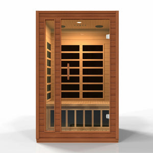 Dynamic Cordoba 2-person Low EMF (Under 8MG) FAR Infrared Sauna (Canadian Hemlock) DYN-6203-01 - Full 2 person capacity - PureTech™ Near Zero EMF - FAR IR Carbon Panels - Natural Reforested Canadian Hemlock wood construction - Clear Tempered glass door and with side Windows - Interior Chromotherapy Color Lighting System - Interior LED control panels - Bluetooth and MP3 auxiliary connection with built in speakers - Vital Hydrotherapy