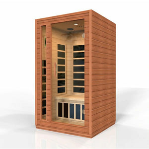Dynamic Cordoba 2-person Low EMF (Under 8MG) FAR Infrared Sauna (Canadian Hemlock) DYN-6203-01 - Full 2 person capacity - PureTech™ Near Zero EMF - FAR IR Carbon Panels - Natural Reforested Canadian Hemlock wood construction - Clear Tempered glass door and with side Windows - Interior Chromotherapy Color Lighting System - Interior LED control panels - Bluetooth and MP3 auxiliary connection with built in speakers - Vital Hydrotherapy