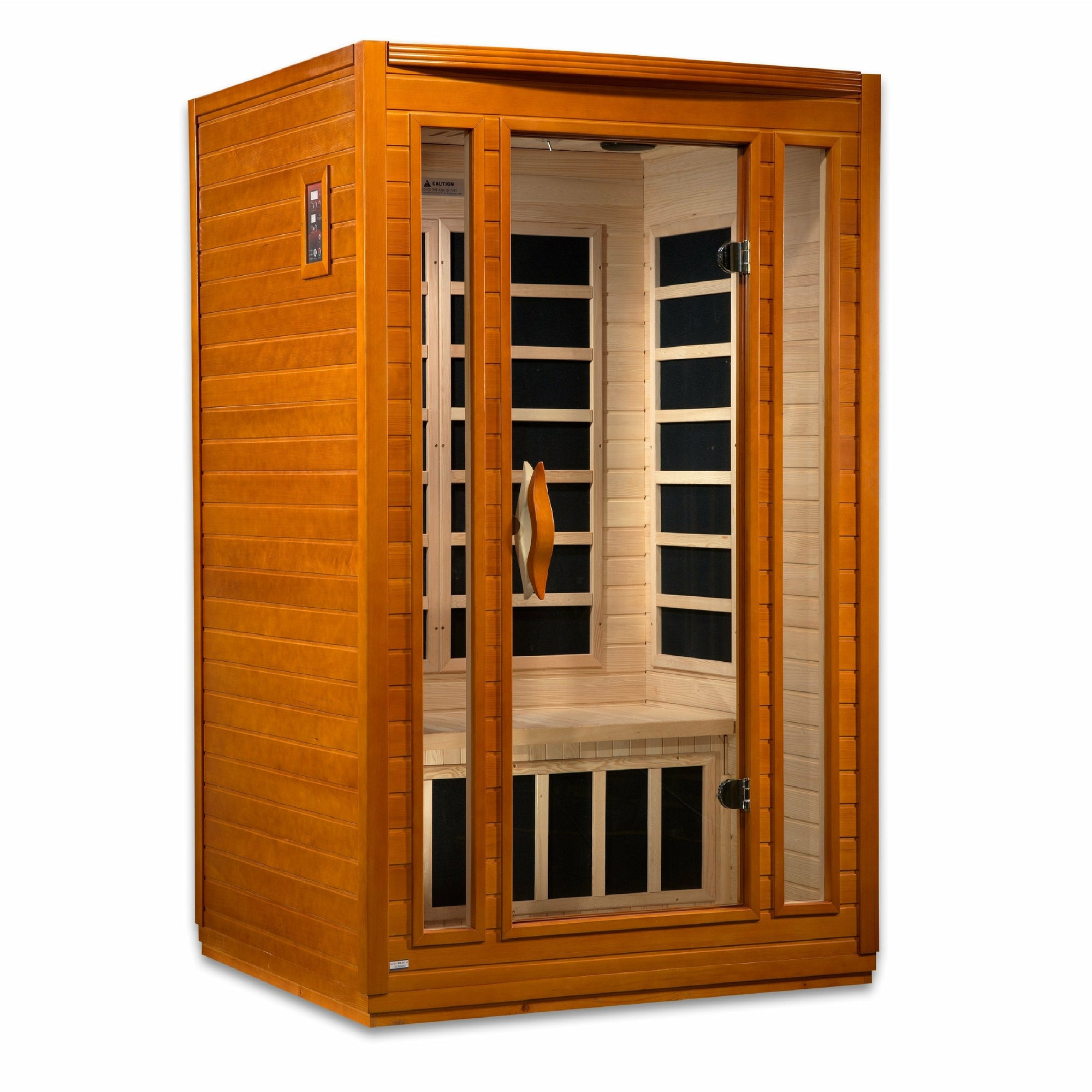 Dynamic San Marino Edition Low EMF Far Infrared Sauna - 2 Person Natural hemlock wood construction Roof vent with Tempered glass door and exterior LED control panel isometric view in white background  - Vital Hydrotherapy