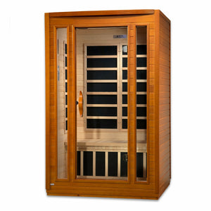 Dynamic San Marino Edition Low EMF Far Infrared Sauna - 2 Person Natural hemlock wood construction Roof vent with Tempered glass door front view in white background - Vital Hydrotherapy
