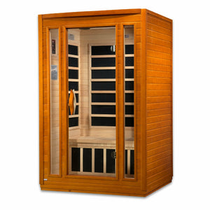 Dynamic San Marino Edition Low EMF Far Infrared Sauna - 2 Person Natural hemlock wood construction Roof vent with Tempered glass door and interior LED control panel front view in white background - Vital Hydrotherapy
