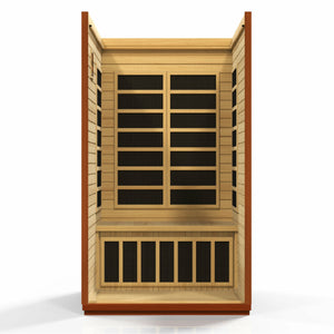 Dynamic San Marino Edition Low EMF Far Infrared Sauna - 2 Person Natural hemlock wood construction inside partial build view in white background  - Vital Hydrotherapy