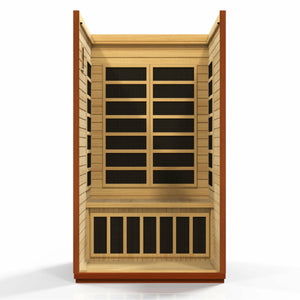 Dynamic San Marino Edition Low EMF Far Infrared Sauna - 2 Person Natural hemlock wood construction inside partial build view in white background - Vital Hydrotherapy