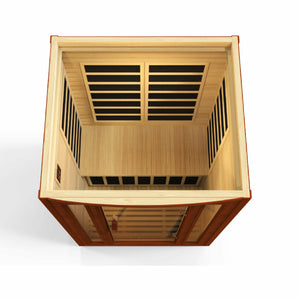Dynamic San Marino Edition Low EMF Far Infrared Sauna - 2 Person Natural hemlock wood construction with Tempered glass door inside partial build top view in white background - Vital Hydrotherapy