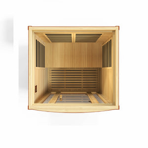 Dynamic San Marino Edition Low EMF Far Infrared Sauna - 2 Person Natural hemlock wood construction inside partial build top view in white background - Vital Hydrotherapy