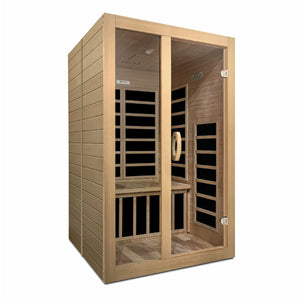 Infrared Sauna Dynamic Santiago 2 person Natural hemlock wood construction roof vent with tempered glass door isometrical view - Vital Hydrotherapy