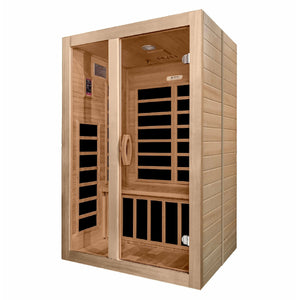 Infrared Sauna Dynamic Santiago 2 person Natural hemlock wood construction roof vent with tempered glass door isometrical view  - Vital Hydrotherapy