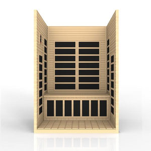 Infrared Sauna Dynamic Santiago 2 person Natural hemlock wood construction inside partial build view - Vital Hydrotherapy