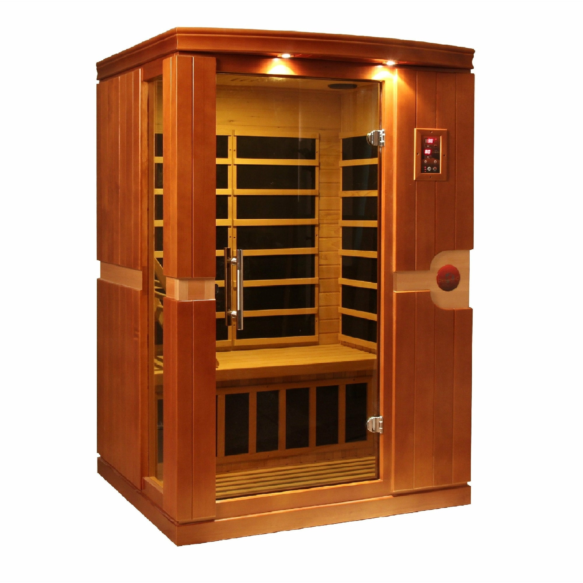 Dynamic Venice Edition Low EMF Far Infrared Sauna - 2 Person Natural hemlock wood construction Roof vent with Tempered glass door, Interior reading/chromotherapy lighting system and Interior and exterior LED control panel side view in white background