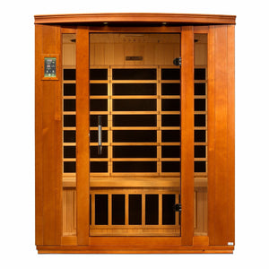 Infrared Sauna 3 person Natural hemlock wood construction roof vent with tempered glass door front view
