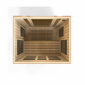 Infrared Sauna 3 person Natural hemlock wood construction top partial build view