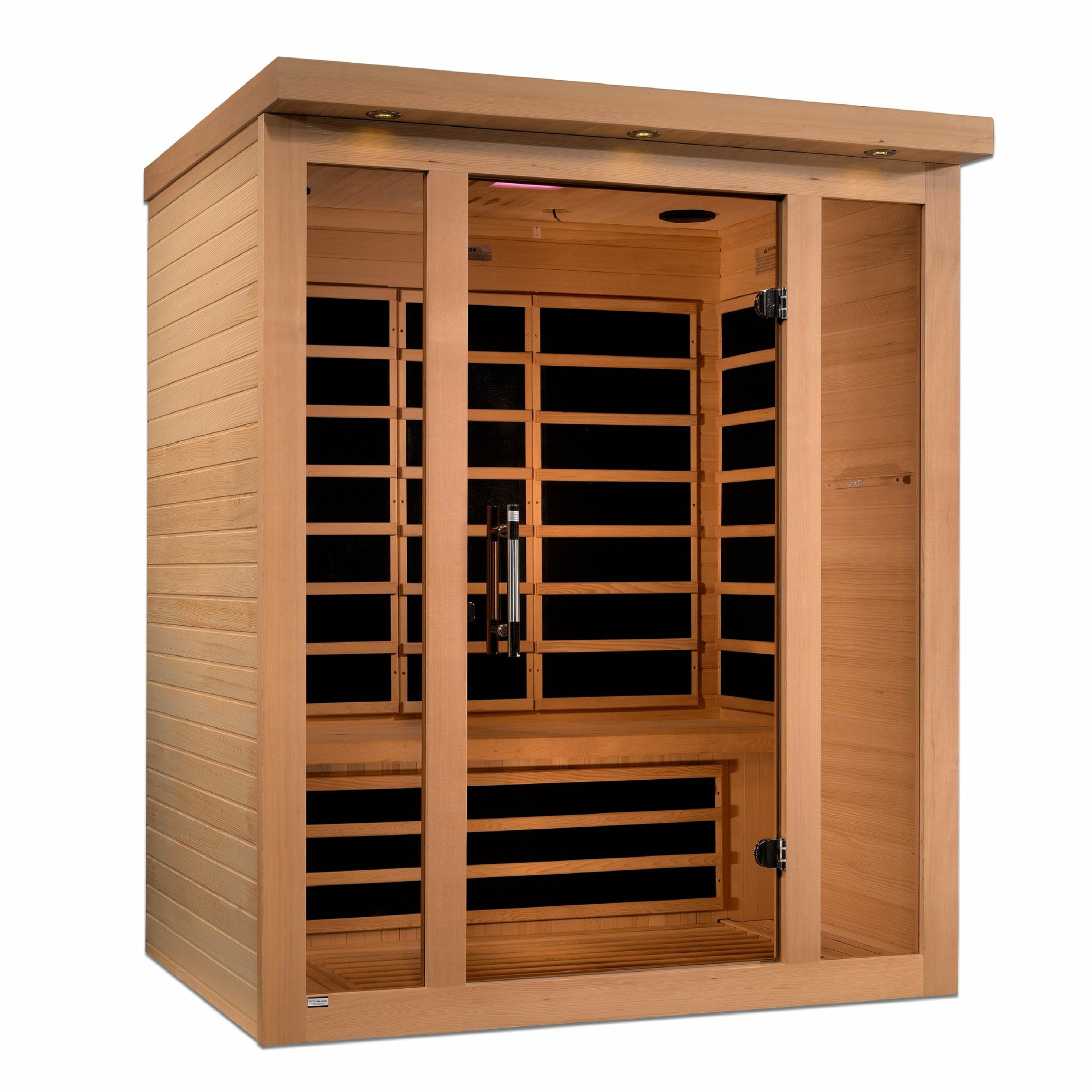 Vila Ultra Low EMF FAR Infrared Sauna - Natural hemlock wood construction with Tempered glass door in a white background isometric view
