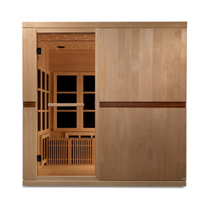 Catalonia Ultra Low EMF FAR Infrared Sauna - 8 Person - Natural Reforested Canadian Hemlock wood construction, Roof vent with tempered glass door, 8 Custom designed portable comfort benches, Galaxy star chromotherapy lighting system, Interior reading lights front view in white background