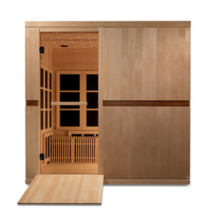 Catalonia Ultra Low EMF FAR Infrared Sauna - 8 Person - Natural Reforested Canadian Hemlock wood construction, Roof vent with tempered glass door, 8 Custom designed portable comfort benches, Galaxy star chromotherapy lighting system, Interior reading lights front view in white background