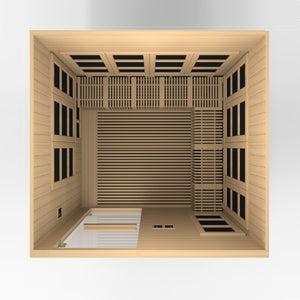 Catalonia Ultra Low EMF FAR Infrared Sauna - 8 Person - Natural Reforested Canadian Hemlock wood construction, Roof vent, 8 Custom designed portable comfort benches, Galaxy star chromotherapy lighting system, Interior reading lights inside top partial build view in white background