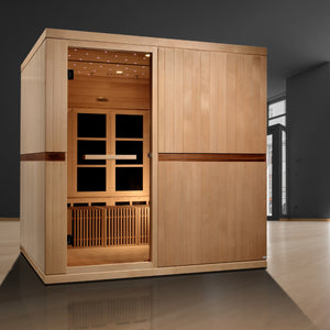 Catalonia Ultra Low EMF FAR Infrared Sauna - 8 Person - Natural Reforested Canadian Hemlock wood construction, Roof vent with tempered glass door, 8 Custom designed portable comfort benches, Galaxy star chromotherapy lighting system, Interior reading lights isometric view in white background