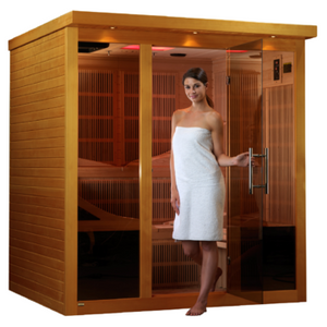 Infrared Sauna 6 person Natural hemlock wood construction with tempered glass door Roof vent with young woman model in a white background