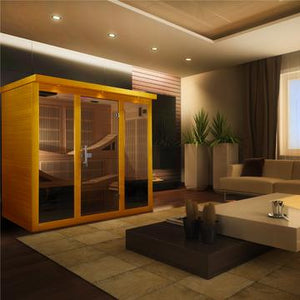 Infrared Sauna 6 person Natural hemlock wood construction with tempered glass door Roof vent 