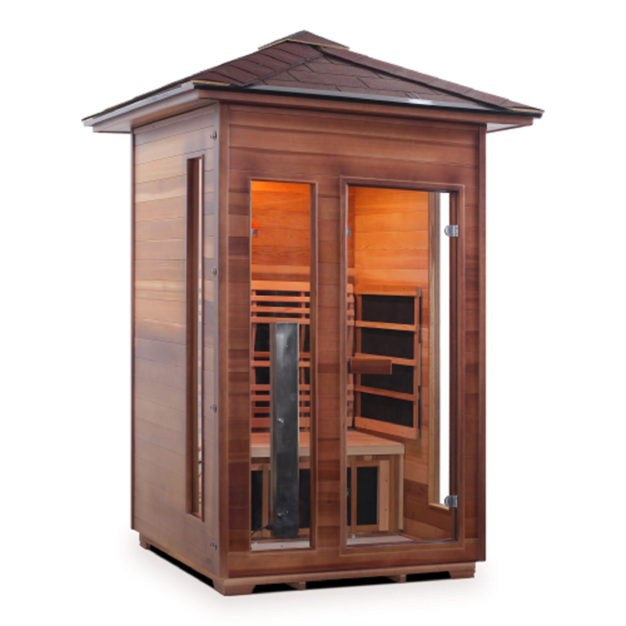 Enlighten sauna Infrared and Dry Traditional Hybrid Diamond 2 Person Outdoor Canadian Red Cedar Wood Outside And Inside with glass door and Double Roof ( Flat Roof + peak roof front view