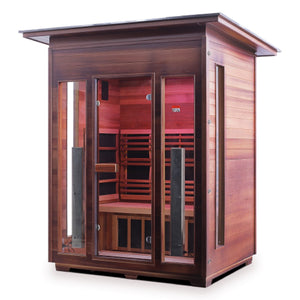 Enlighten Sauna Infrared/Traditional DIAMOND Outdoor Slope Roofed three person sauna Canadian Red Cedar Wood with glass door and windows isometric view
