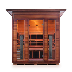 Enlighten sauna Infrared and Dry Traditional Hybrid Diamond 4 Person Outdoor Canadian natural red cedar wood Double Roof ( Flat Roof + slope roof) with glass door and windows front view