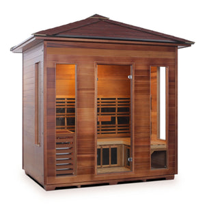 Enlighten sauna Infrared and Dry Traditional Hybrid Diamond 5 Person Outdoor Canadian Red Cedar Wood Outside And Inside Double Roof ( Flat Roof + peak roof) with glass door and windows isometric view