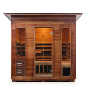 Enlighten sauna Infrared and Dry Traditional Hybrid Diamond 5 Person Outdoor Canadian Red Cedar Wood Outside And Inside Double Roof ( Flat Roof + slope roof) with glass door and windows front view