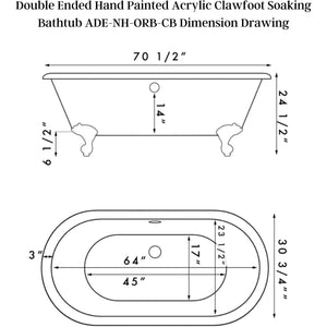 Cambridge Plumbing Double Ended Hand Painted Acrylic Clawfoot Soaking Bathtub - Dimension Drawing - Vital Hydrotherapy