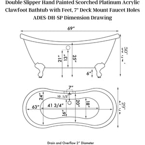 Cambridge Plumbing Double Slipper Hand Painted Scorched Platinum Acrylic Clawfoot Bathtub Dimension Drawing
