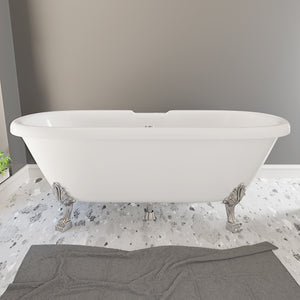 Cambridge Plumbing Double Ended Dolomite Mineral Composite Clawfoot Tub with Feet (Brushed Nickel) and Drain Assembly and No Faucet Holes - 23"H x 69"L x 31.5"W - ES-DE69-NH - Vital Hydrotherapy