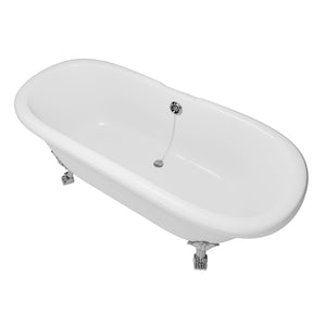 Cambridge Plumbing Double Ended Dolomite Mineral Composite Clawfoot Tub with Feet (Polished Chrome) and Drain Assembly and No Faucet Holes - 23"H x 69"L x 31.5"W - ES-DE69-NH - Vital Hydrotherapy