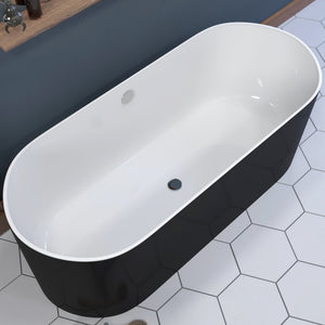 Cambridge Plumbing 71-Inch Double Ended Black and White Engineered Stone Free Standing Soaking Tub with Chrome Drain ES-FSDE71-B-CP - Vital Hydrotherapy