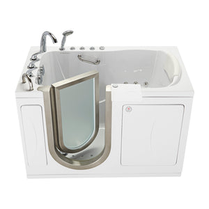 Ella Elite 30"x52" Acrylic Hydro + Air (Dual) + Heat Massage Walk-In Bathtub with Brushed stainless steel and frosted tempered glass door and Left Swing Door, 5 Piece Fast Fill Faucet, 2" Dual Drain, 2 overflows, two 5 ft. incoming supply lines and 2 drain elbows, 2 stainless steel grab bars, 360° swivel tray, Detachable wide backrest in a white background.