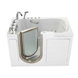 Ella Elite 30"x52" Acrylic Hydro + Air (Dual) Massage Walk-In Bathtub with Brushed stainless steel and frosted tempered glass door and Left Swing Door, 5 Piece Fast Fill Faucet, 2" Dual Drain, 2 overflows, two 5 ft. incoming supply lines and 2 drain elbows, 2 stainless steel grab bars, 360° swivel tray, Detachable wide backrest in a white background.
