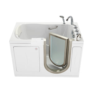 Ella Elite 30"x52" Acrylic Soaking + Heat Walk-In Bathtub with Right Brushed stainless steel and frosted tempered glass door and Swing Door, 5 Piece Fast Fill Faucet, 2" Dual Drain, 2 overflows, two 5 ft. incoming supply lines and 2 drain elbows, 2 stainless steel grab bars, 360° swivel tray, Detachable wide backrest in a white background.