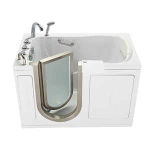 Ella Elite 30"x52" Acrylic Soaking Walk-In Bathtub with Brushed stainless steel and frosted tempered glass door and Left Swing Door, 5 Piece Fast Fill Faucet, 2" Dual Drain, 2 overflows, two 5 ft. incoming supply lines and 2 drain elbows, 2 stainless steel grab bars, 360° swivel tray, Detachable wide backrest in a white background.