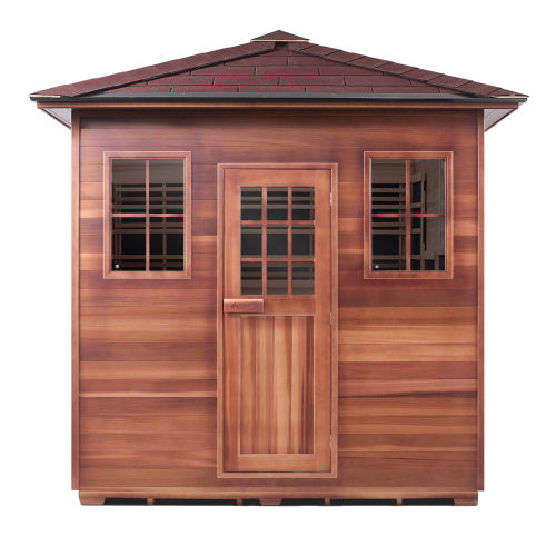 Enlighten Sauna InfraNature Original Infrared Sierra 8 Person Outdoor Low EMF Sauna - Canadian Cedar - Peak Roof - Front View - Vital Hydrotherapy