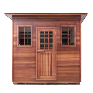 Enlighten Sauna InfraNature Original Infrared Sierra 8 Person Outdoor Low EMF Sauna - Canadian Cedar - Slope Roof - Front View - Vital Hydrotherapy