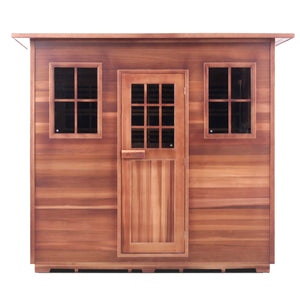Enlighten Sauna Infrared and Dry Traditional Hybrid Sapphire 8 Person Outdoor Low EMF Sauna - Canadian Cedar - Carbon Heaters - Glass Door and Window - Slope  Roof - Vital Hydrotherapy