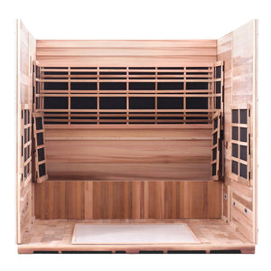 Enlighten Sauna Infrared and Dry Traditional Hybrid Sapphire 8 Person Outdoor Low EMF Sauna - Canadian Cedar - Carbon Heaters - Interior View - Vital Hydrotherapy