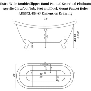 Cambridge Plumbing Extra Wide Double Slipper Hand Painted Scorched Platinum Acrylic Clawfoot Tub Dimension Drawing
