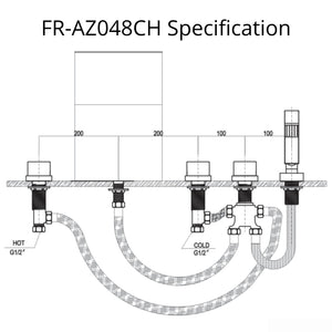 Anzzi Ribbon 3-Handle Deck-Mount Roman Tub Faucet in Chrome - Specification Drawing
