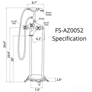 Anzzi Tugela 3-Handle Claw Foot Tub Faucet with Hand Shower Specification Drawing - Vital Hydrotherapy