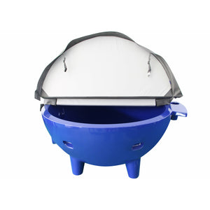Dark blue ALFI FireHotTub The Round Fire Burning Portable Outdoor Hot Bath Tub made of acrylic and reinforced with a fiberglass core, Flat feet, ledge and tub cover in a white background