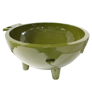 Olive green ALFI FireHotTub The Round Fire Burning Portable Outdoor Hot Bath Tub made of acrylic and reinforced with a fiberglass core, Flat feet and ledge in a white background